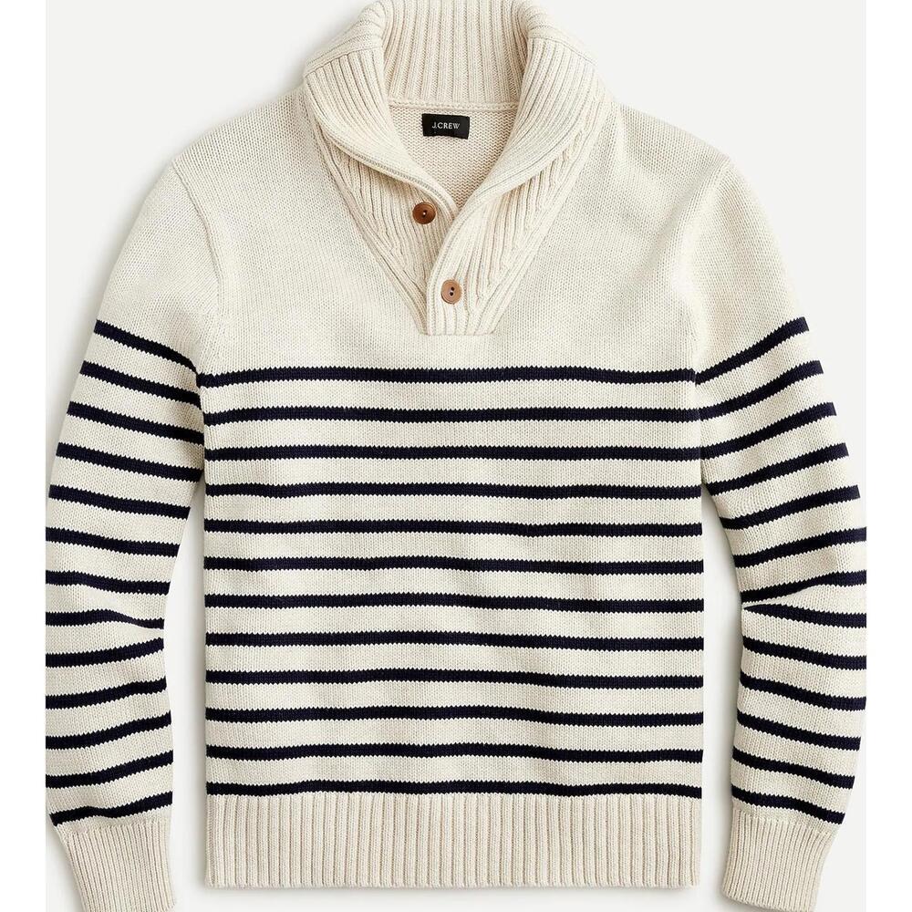 J. Crew 100% Cotton shawl-collar sweater in stripe; Navy & Blue, Men's Medium